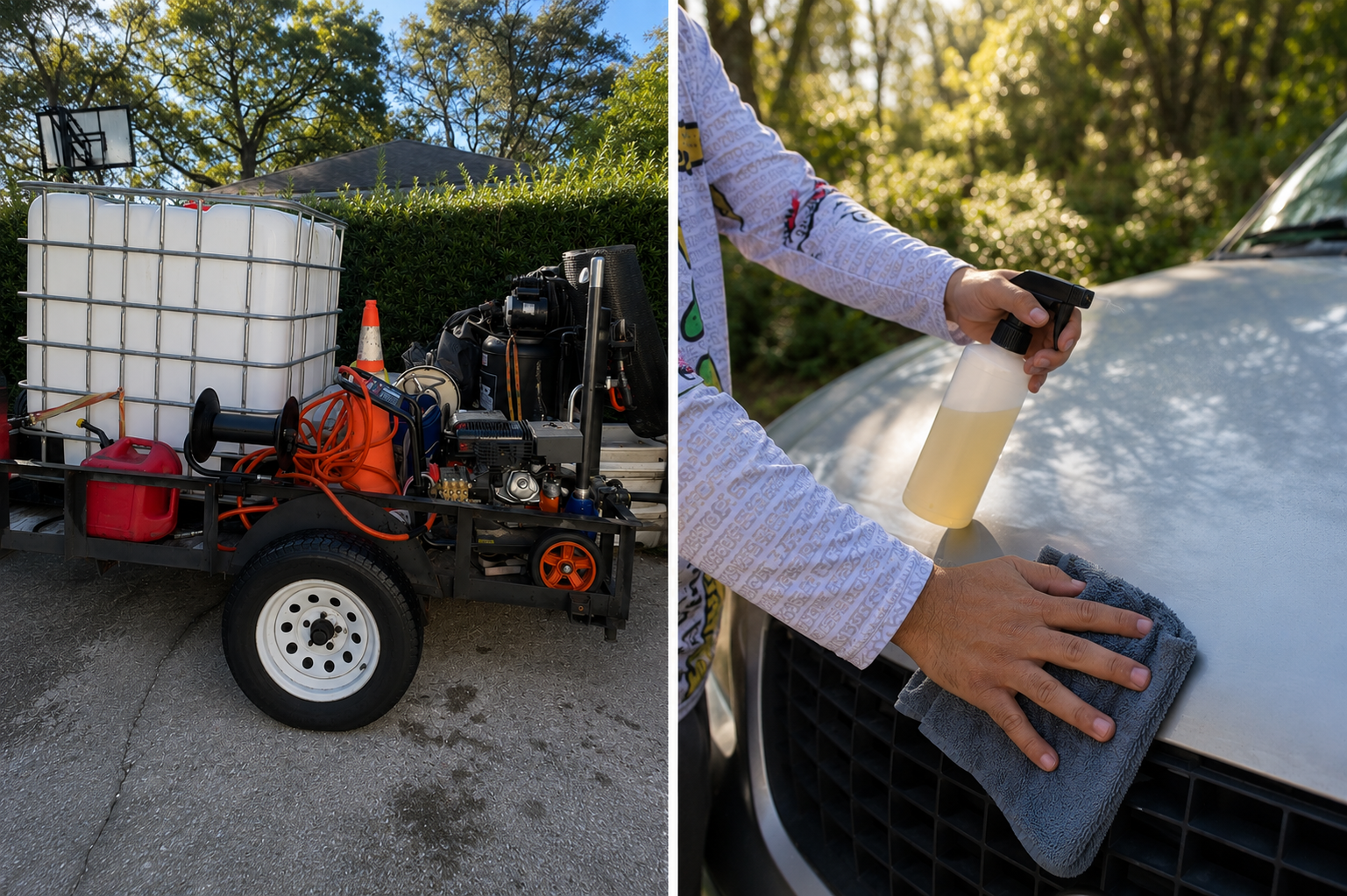 Left side: Equipment trailer filled with cleaning and gardening tools, large water tank, and traffic cones. Right side: Person cleaning a car with a spray bottle and cloth, outdoors with sunlight and greenery in the background.