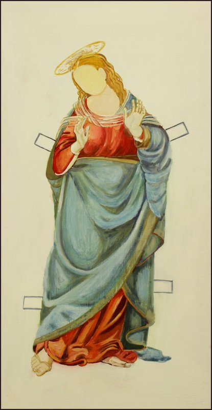 Bettina Magi, Annunciation by Raphael, casein on wood, 24x12", 2014