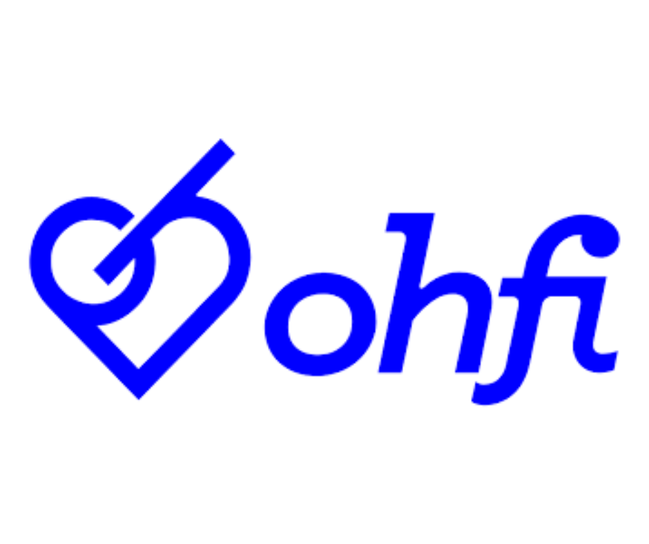 A logo with a stylized heart shape with a fork and knife, followed by the text 'ohf' in blue.