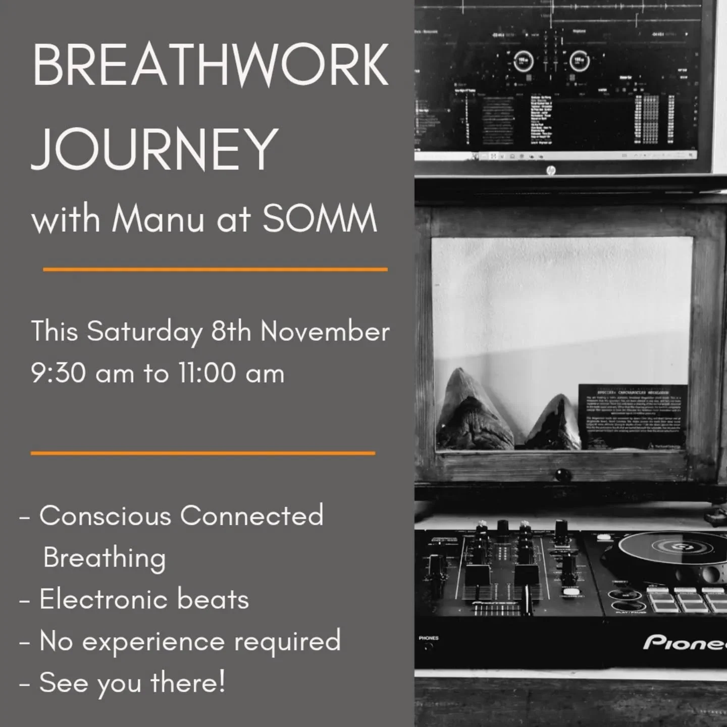 Join me this Saturday 8th of November at 9:30 am for a Breathwork Journey at SOMM.

Tickets via @wearesomm_