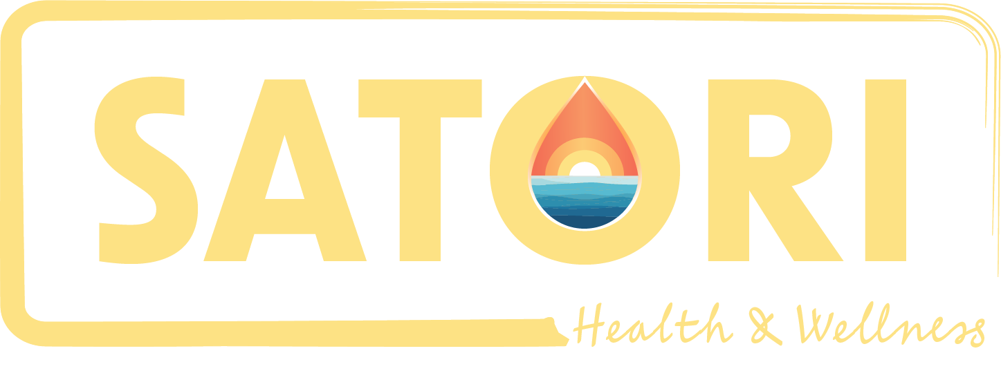 Logo with the word 'Satori' in large yellow letters, a water droplet with a sunset over ocean inside the letter 'O', and the words 'Health & Wellness' in script below.