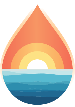 Graphic of a sunset over the ocean with a large droplet shape.
