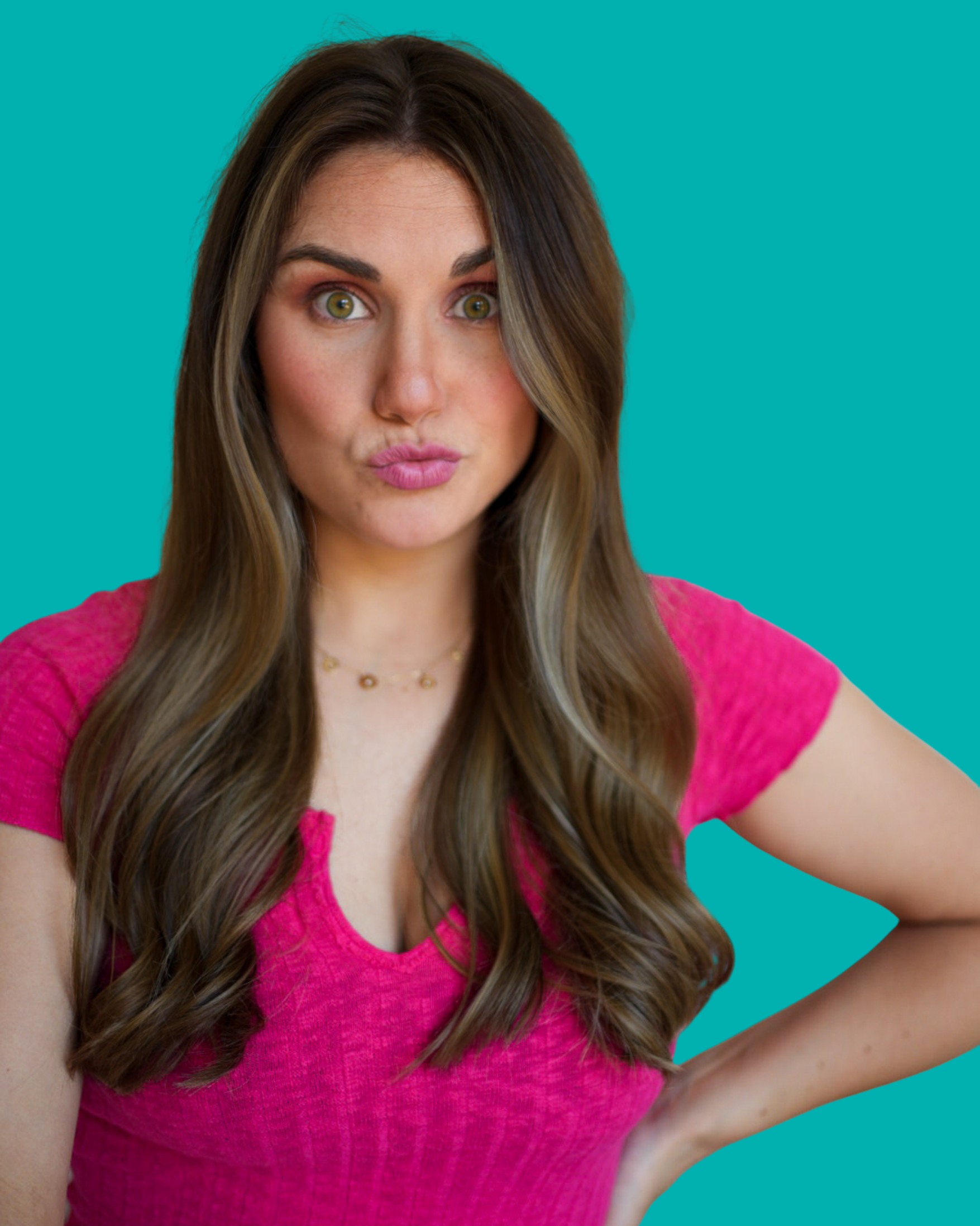 Morgan Sidwell wearing pink shirt and offering you to contact her for art services