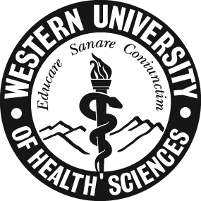 Western University of Health Sciences logo featuring a caduceus with a mountain backdrop and their motto, 'Sanare Communicando.'