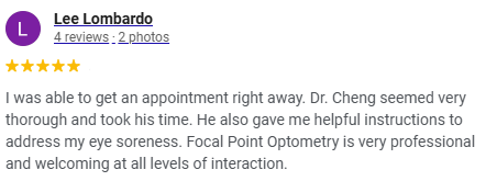 Screenshot of a 5-star review for Dr. Cheng from Lee Lombardo, praising their thoroughness, helpful instructions, and professionalism in eye care.