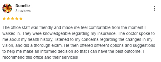 Screenshot of a Google review for Donelle, praising the friendly staff, knowledgeable doctors, and extensive consultation at the medical office.