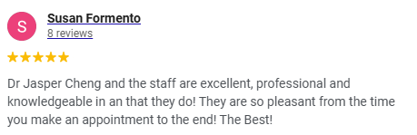 Screenshot of online review for Susan Formento, praising Dr. Jasper Cheng and staff's professionalism.