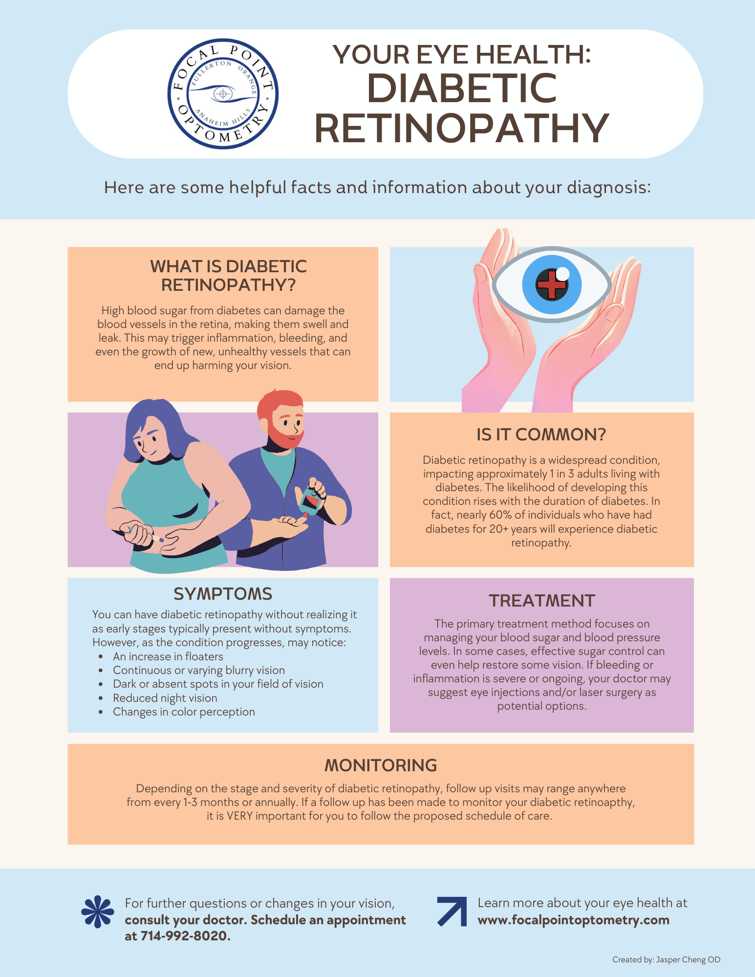 Infographic about diabetic retinopathy and eye health, including symptoms, treatment options, and importance of monitoring for people with diabetes.