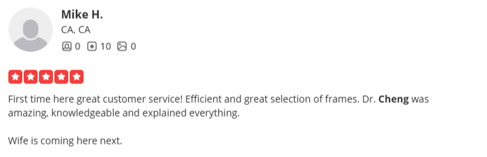 Customer review with five-star rating, praising, efficient service, and knowledgeable staff, mentioning Dr. Cheng.