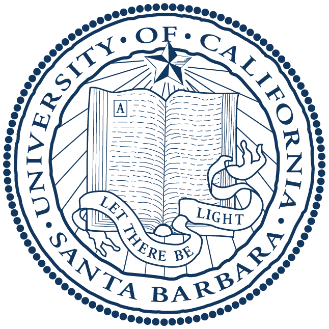 Seal of the University of California, Santa Barbara, featuring an open book, a star, and a ribbon with the motto 'Let There Be Light'.