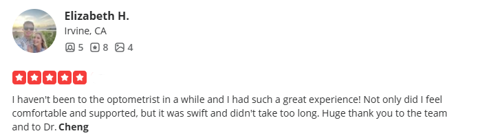 Customer review and star rating for an optometry practice.