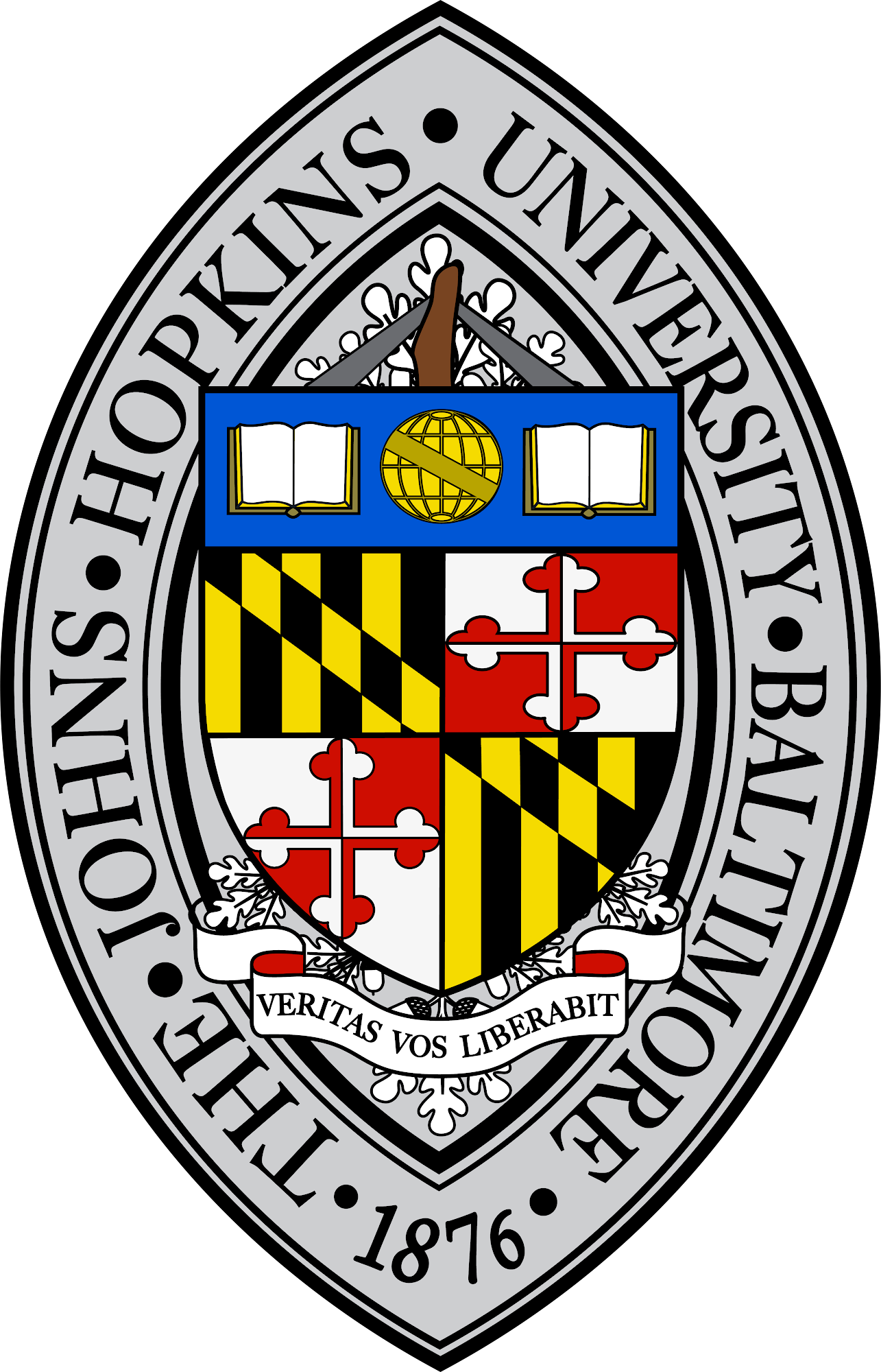 Seal of the University of Maryland, Baltimore, with a shield featuring various symbols, a blue ribbon at the top with open books and a globe, and a banner with the Latin motto 'Veritas Vos Liberabit'.