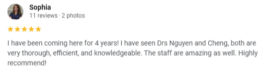 Screenshot of a positive review by Sophia praising Drs Nguyen and Cheng for their thoroughness, efficiency, and knowledge, with a five-star rating.