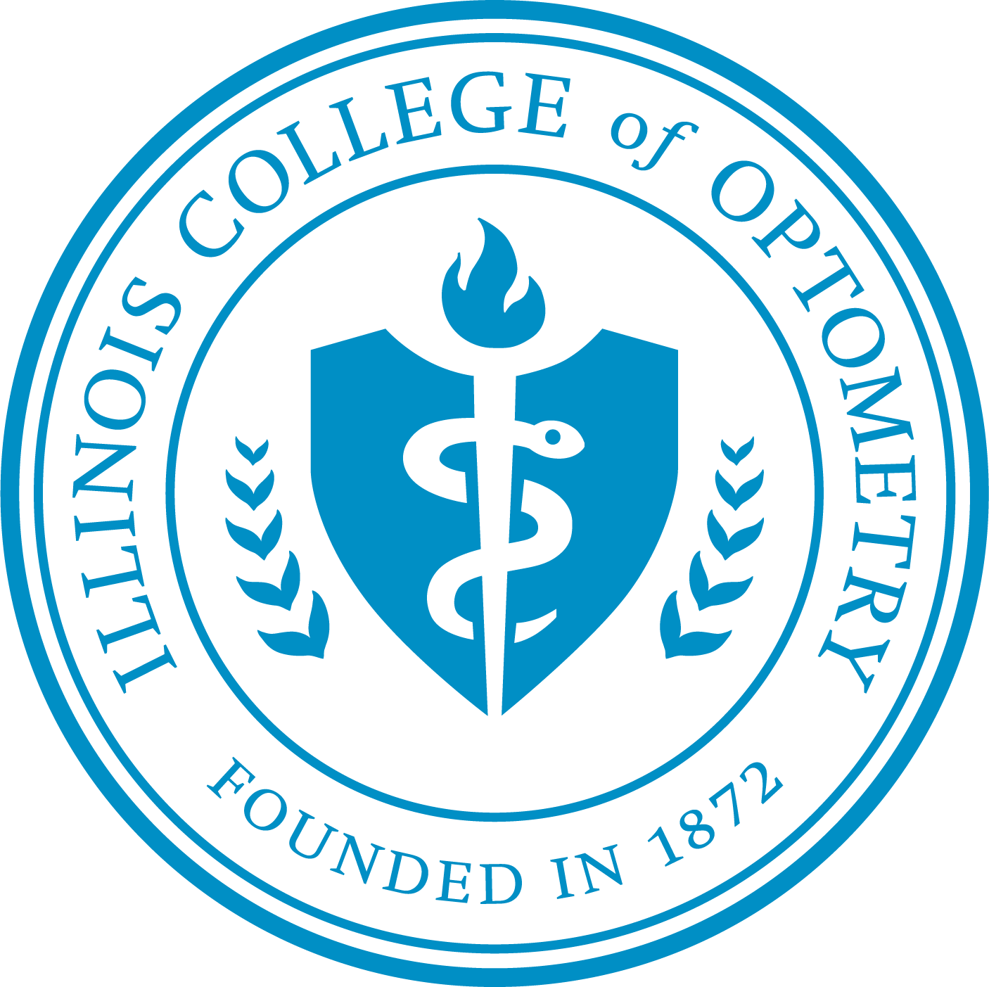 Seal of the Illinois College of Optometry, featuring a shield with a caduceus and torch, surrounded by the text 'Illinois College of Optometry Founded in 1872' in a circular design.
