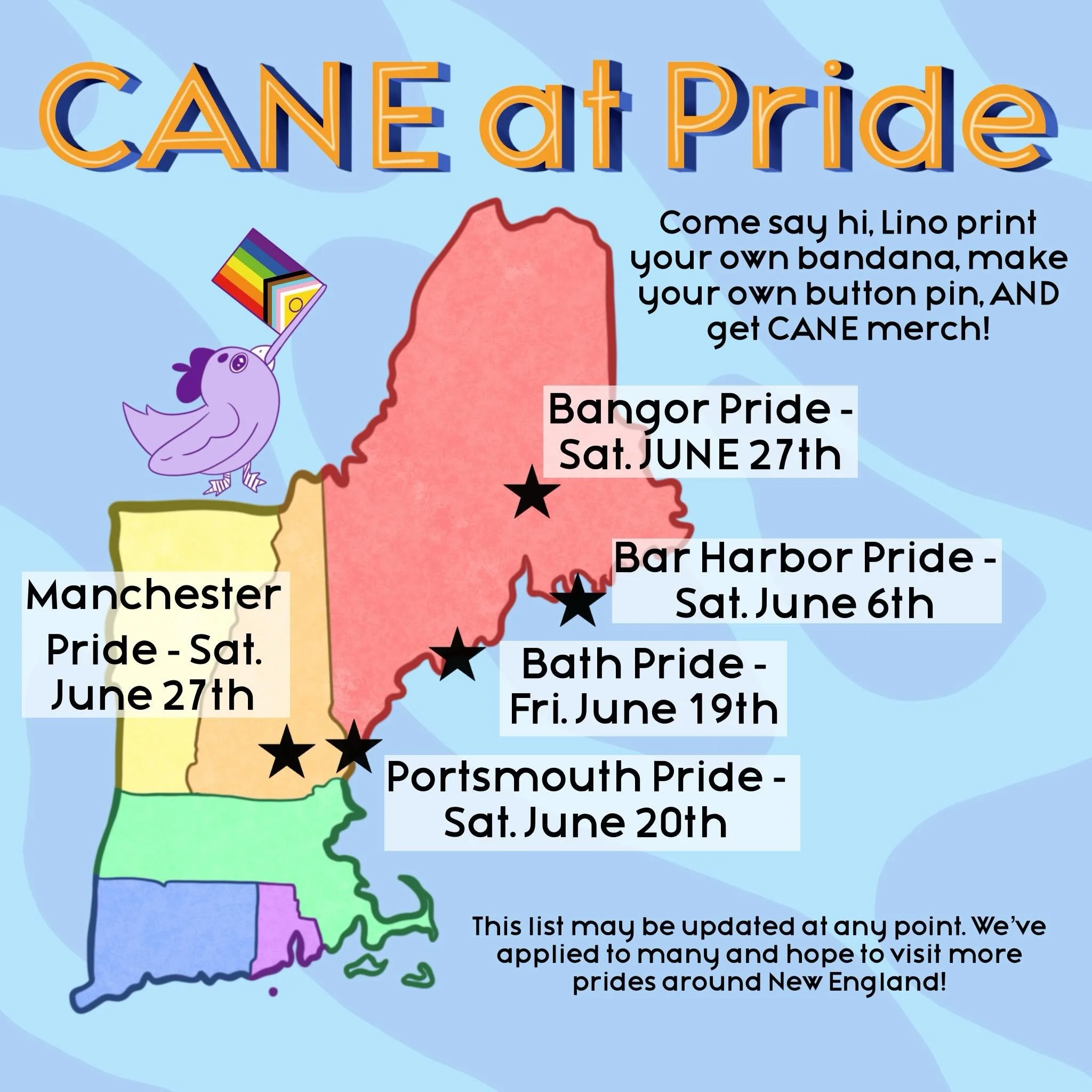 Updated list of CANE pride events. Come say Hi this June! 

#pride #pride2026 #newenglandpride