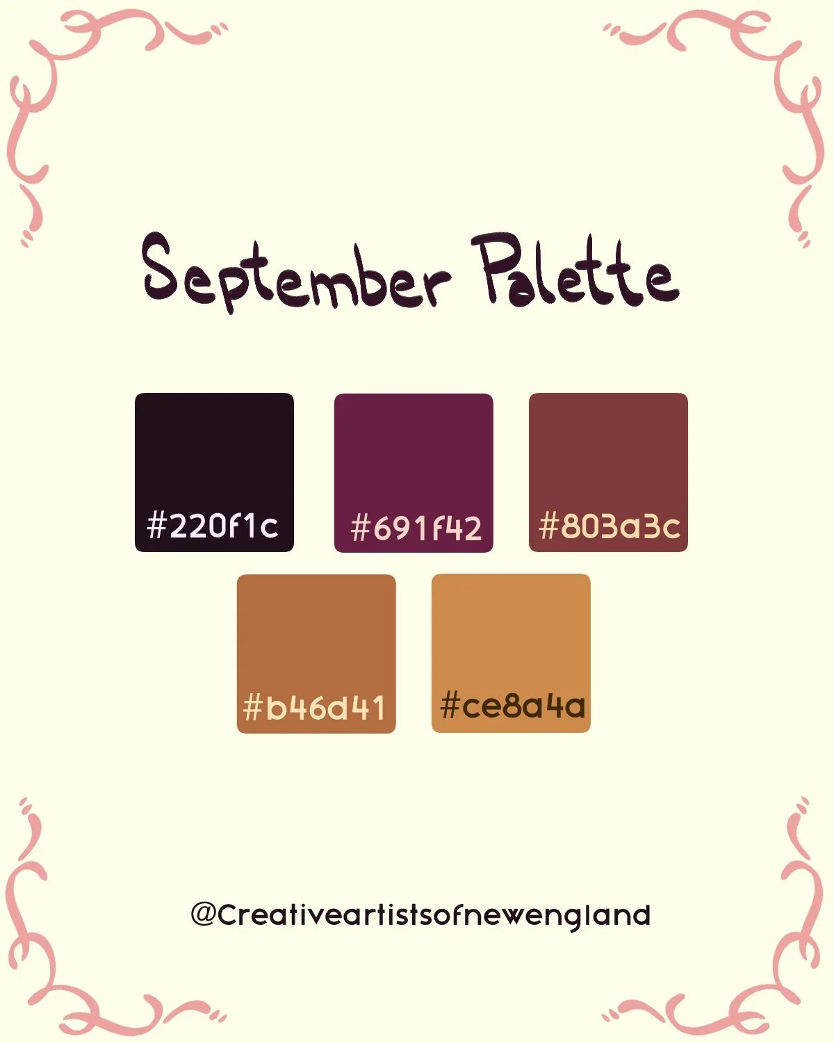 Every month on Patreon and Instagram, CANE will be providing a free color palette for anyone and everyone to use! Feel free to experiment with the provided palette and share your works with #CreativeArtistsofNewEngland 
Happy drawing!

#patreoncolorp