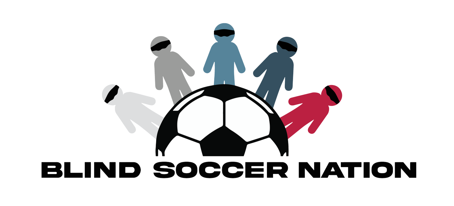 Logo for Blind Soccer Nation showing a large soccer ball with five stylized human figures wearing black blindfolds standing along its top curve.