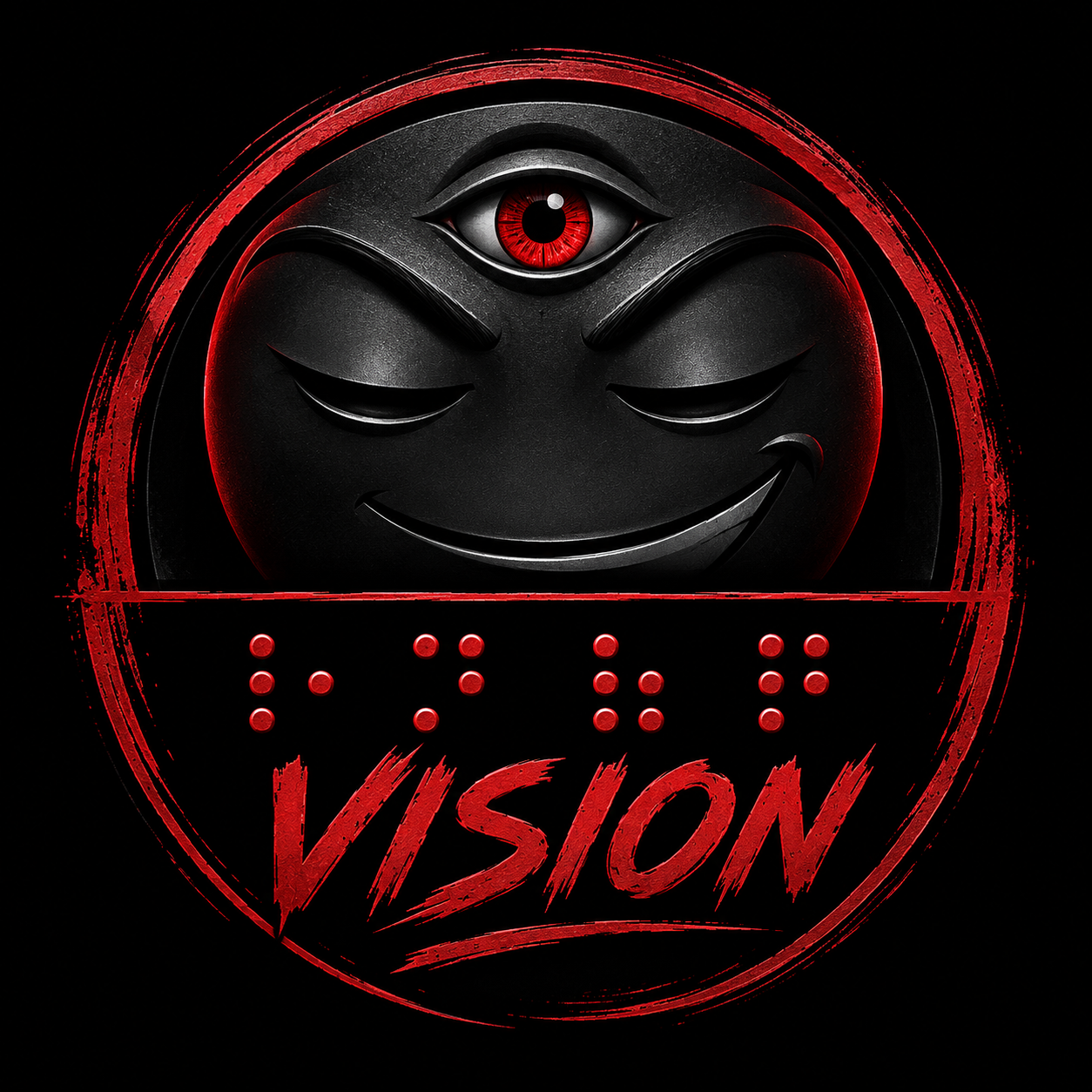 Circular logo on a black background featuring a smiling dark face with closed eyes and a single open red eye on its forehead, above the word "VISION" and red braille text.