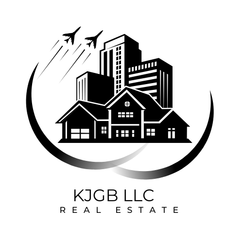 Logo for KJGB LLC Real Estate featuring black silhouettes of a suburban house and city skyscrapers beneath two flying airplanes, framed by a crescent shape.