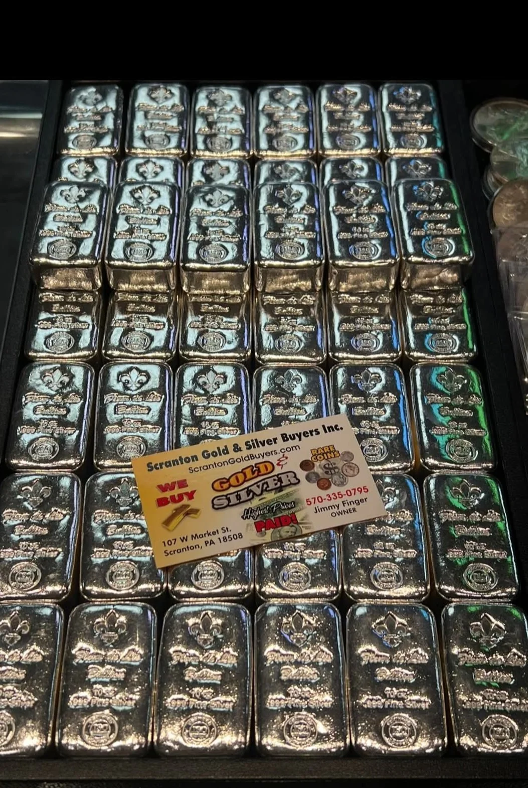 Pure silver bullion bars available for purchase at Scranton Gold Buyers.