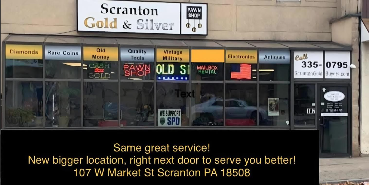 The exterior storefront of Scranton Gold Buyers, located in Scranton, PA, welcoming customers for gold, silver, and jewelry appraisals.