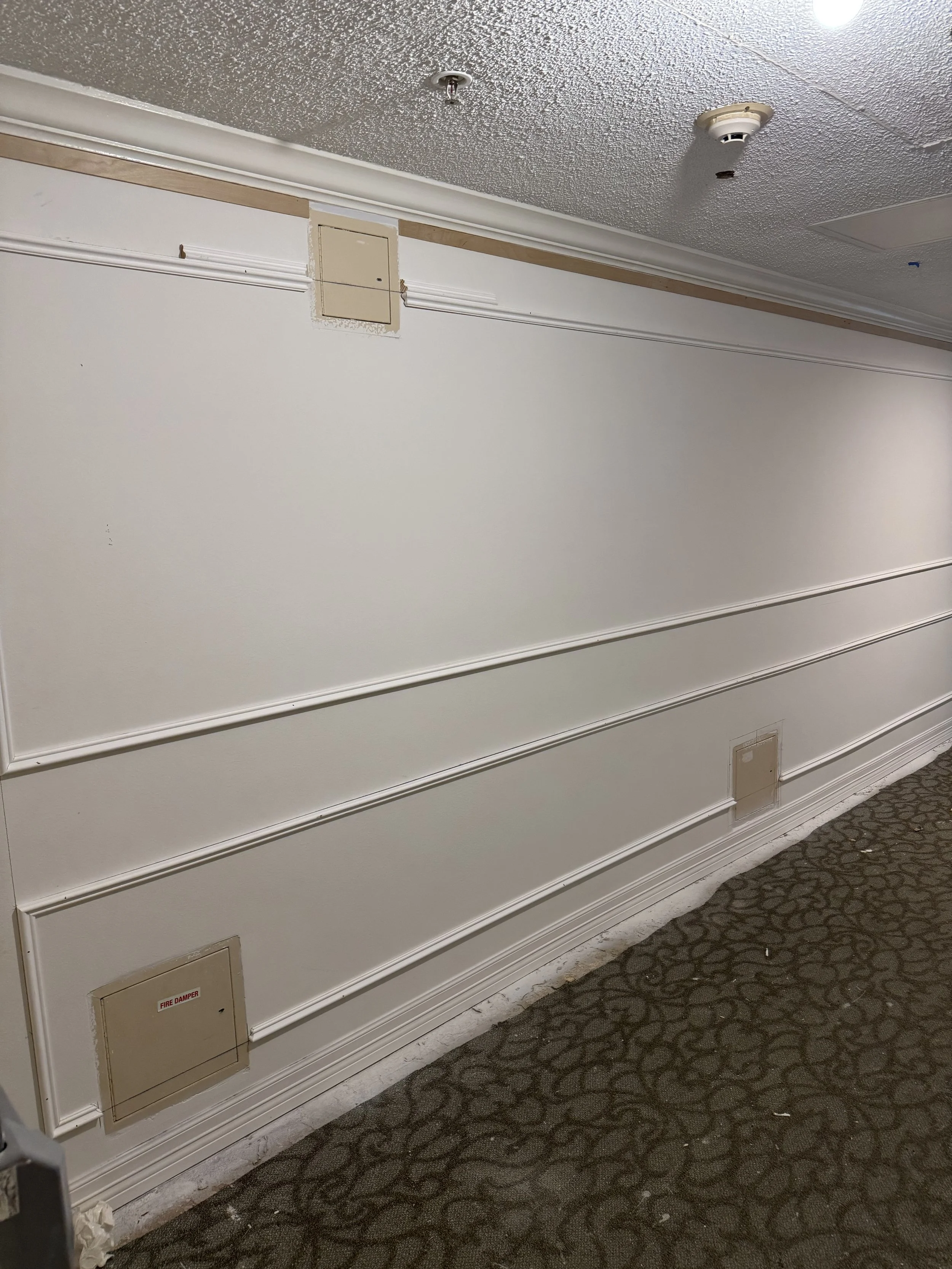 A white wall with decorative molding and a small electrical panel, along with a fire damper box. The carpeted floor has a dark, swirling pattern, and there is some debris near the base of the wall.