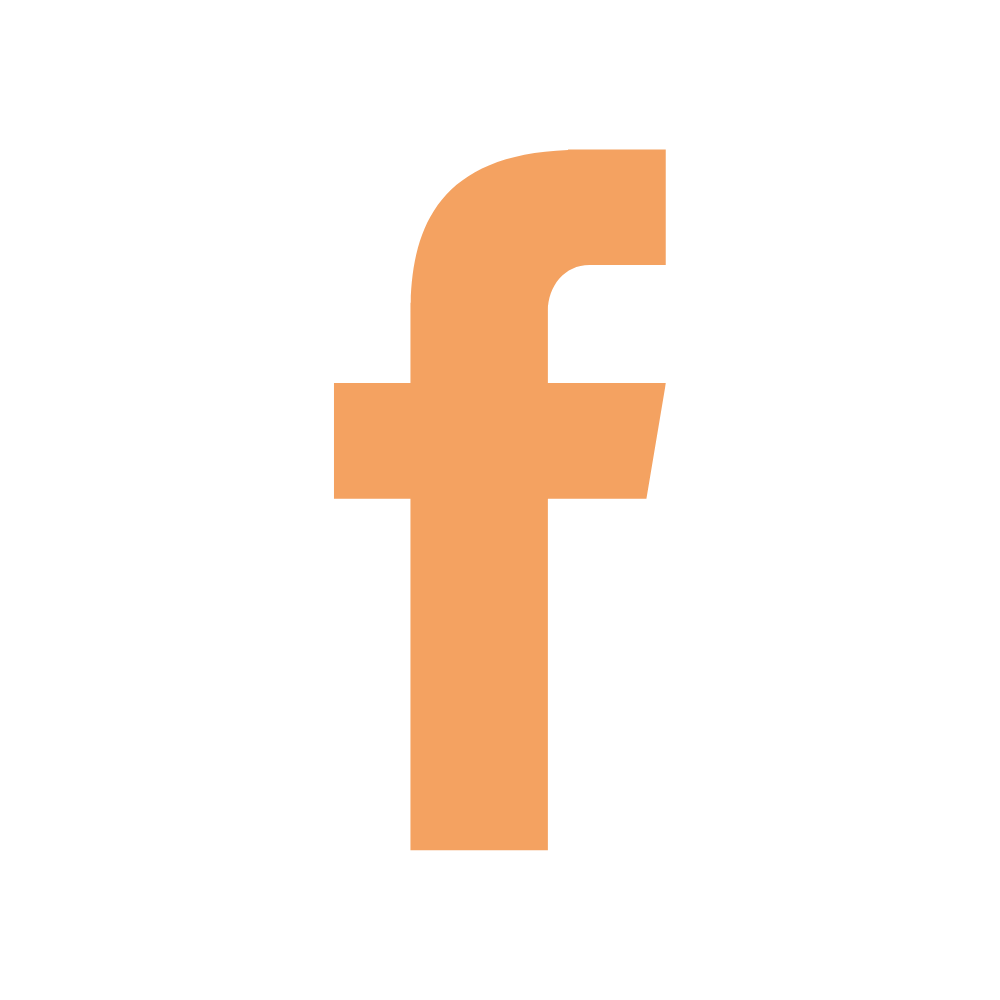 A large, stylized Facebook logo with a peach-colored 'f' on a black background.