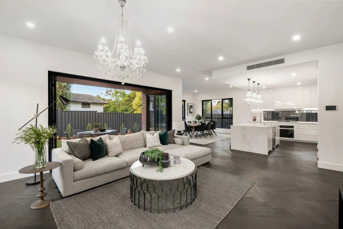 Open plan living area in a finished KGN Homes custom home