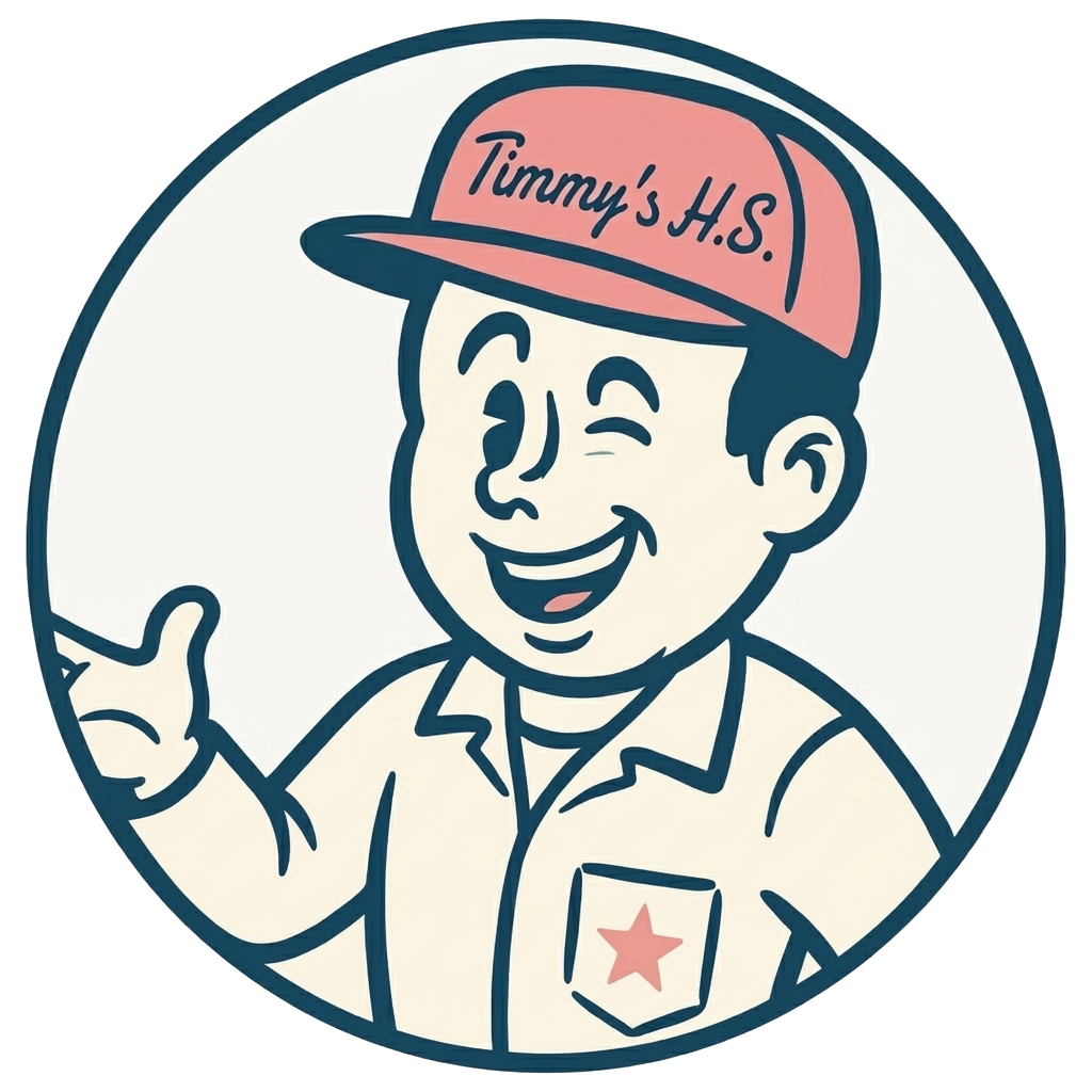 Line art illustration of a cheerful young boy in a uniform with a star on the pocket, wearing a pink cap labeled 'Timmy's H.S.'