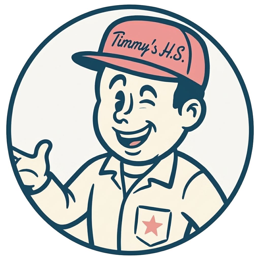 A cartoon illustration of a smiling young boy wearing a baseball cap with the words "Timmy's H.S." and a shirt with a star emblem. The boy is giving a thumbs-up gesture.