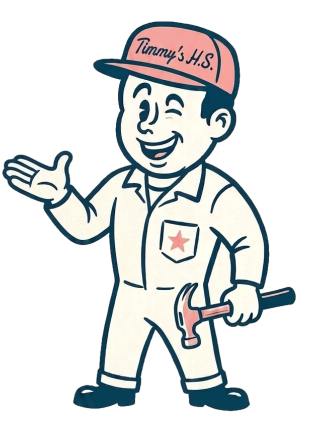 A cartoon illustration of a smiling mechanic holding a hammer, wearing a white jumpsuit with a red star on the pocket and a pink cap with the text "Timmy's H.S."