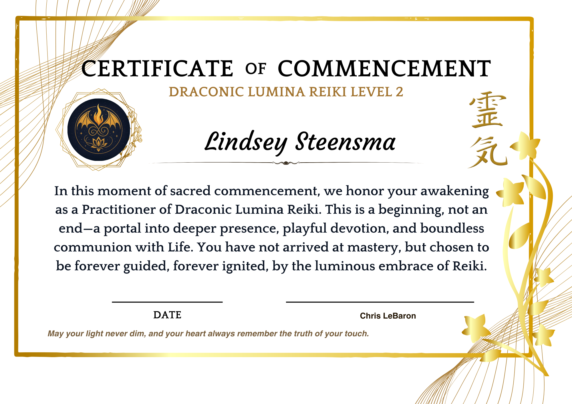 Reiki Level Two Certificate from Seraphic Sounds