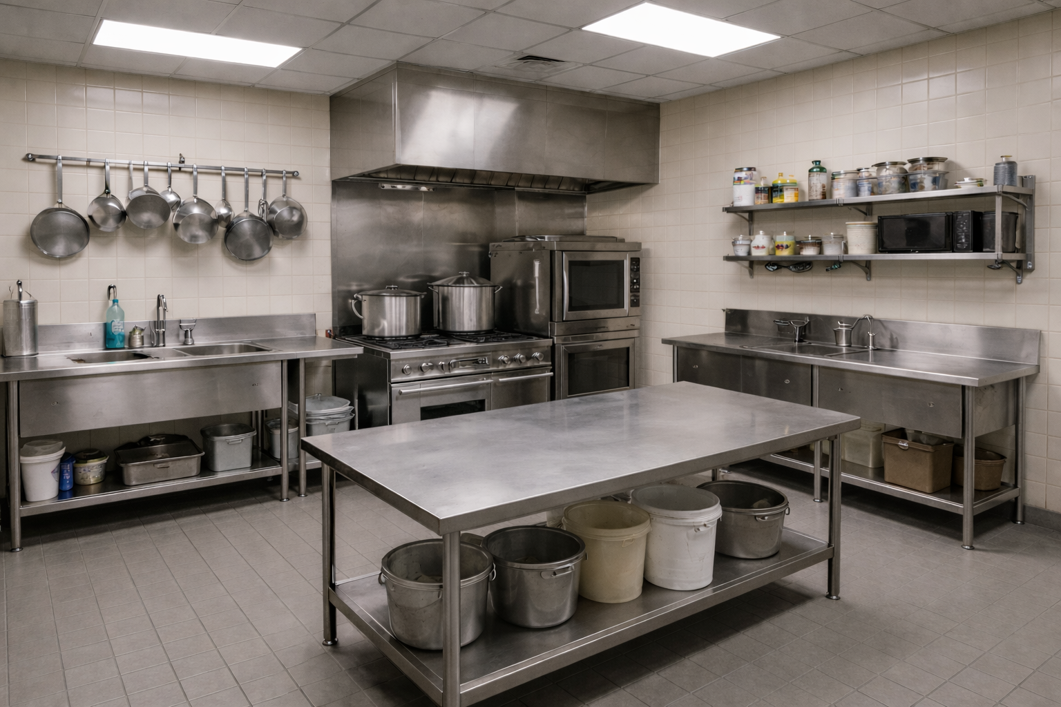Clean church kitchen with stainless steel appliances and food preparation area.