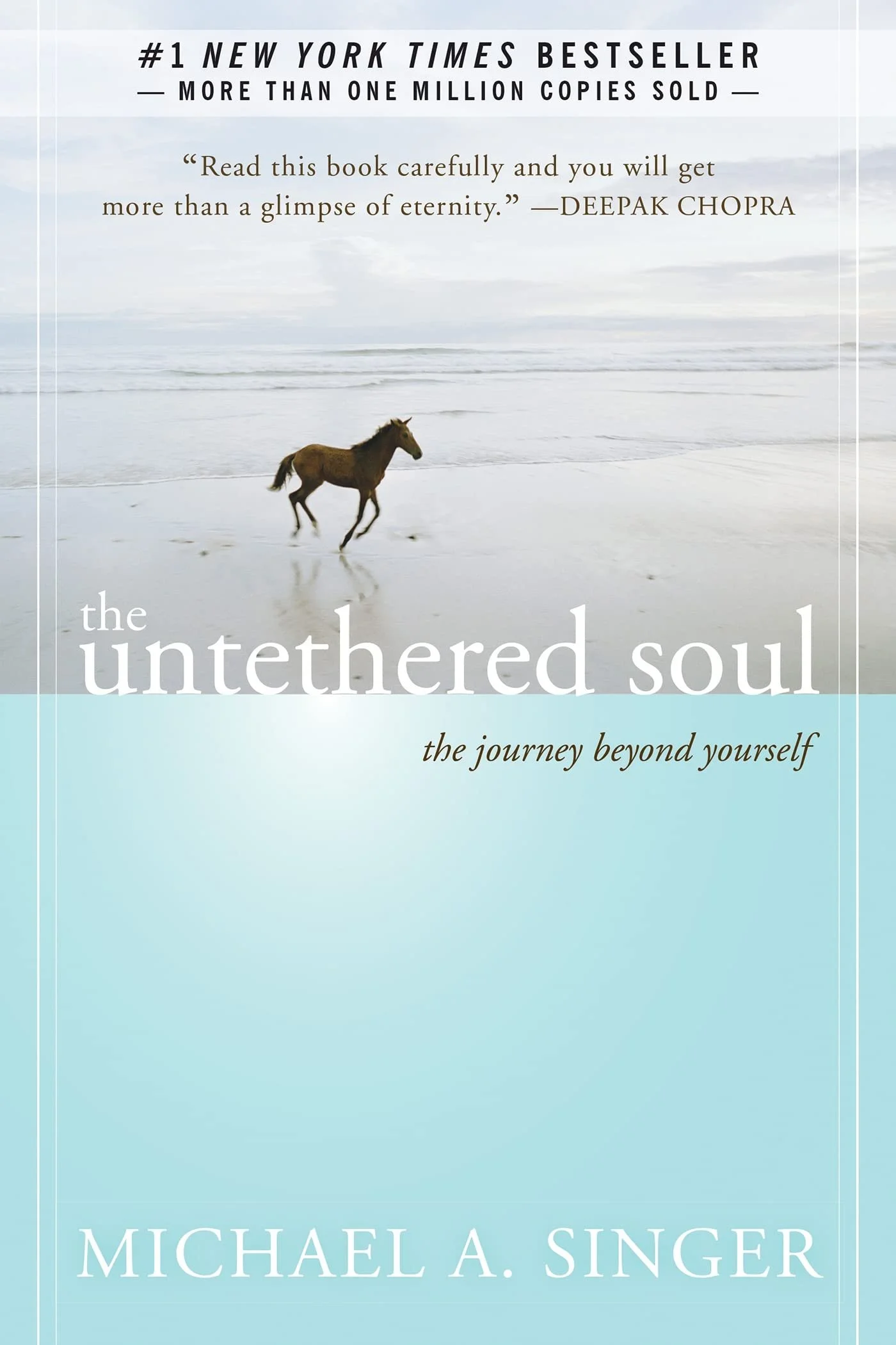 Book cover of "The Untethered Soul" by Michael A. Singer featuring a seascape with a small horse running on wet sand.