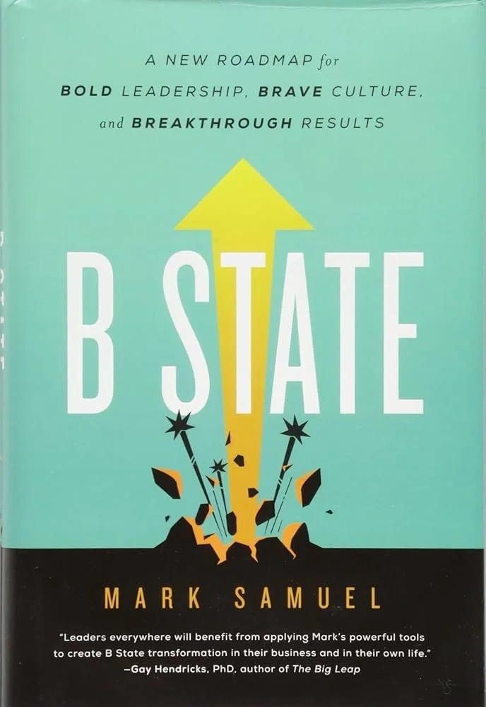 Book cover titled "B State" by Mark Samuel, with a yellow upward arrow and exploding bombs below it. The cover has a teal background with black and orange accents.