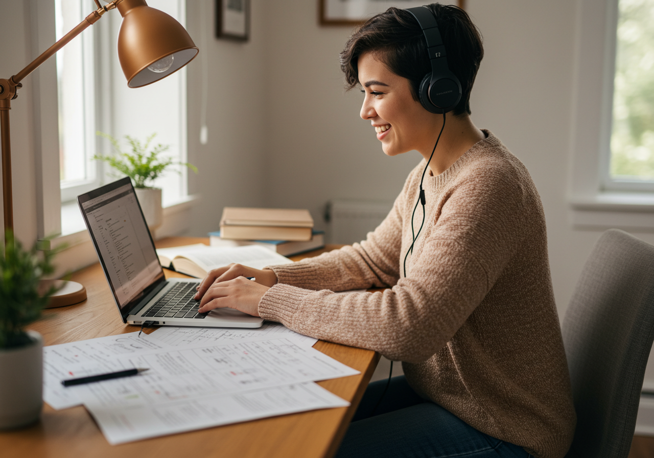 A young woman with short dark hair wearing headphones, sitting at a desk with a laptop, smiling while working or studying, surrounded by papers, books, and plants in a bright room.