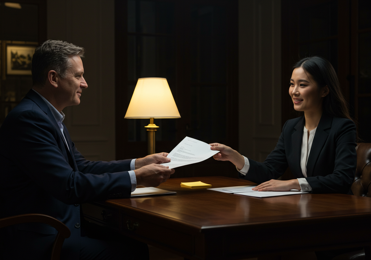 A man and a woman sitting at a wooden desk indoors, with the man handing a document to the woman, in a warmly lit office setting.