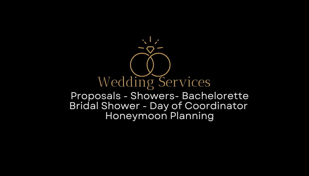 Wedding services advertisement with a gold ring and diamond icon on a black background, listing proposals, showers, bachelorette parties, bridal shower, day of coordinator, and honeymoon planning.