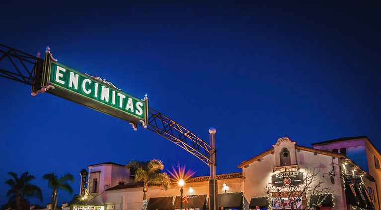 Entrance sign for Encinitas, California, representing one of the San Diego communities served by Functional Concrete Artistry for stamped concrete, decorative concrete, patios, driveways, walkways, retaining walls, and residential concrete services.