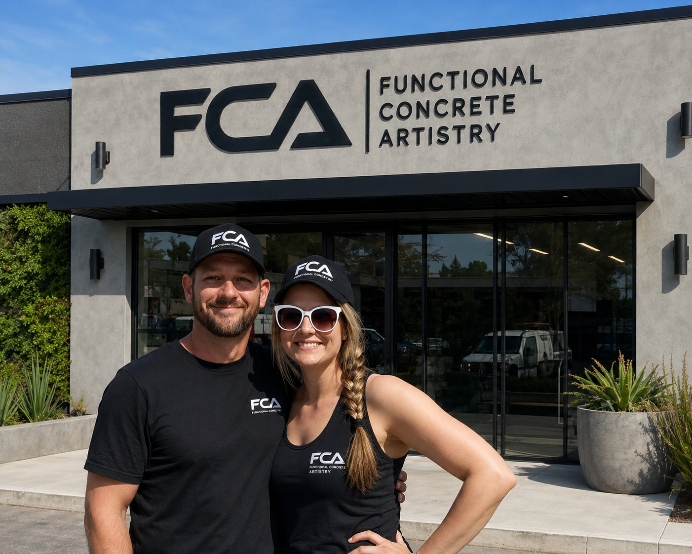 Two people smiling in front of a building with a sign that reads FCA Functional Concrete Artistry. They are wearing black T-shirts and hats with the FCA logo.