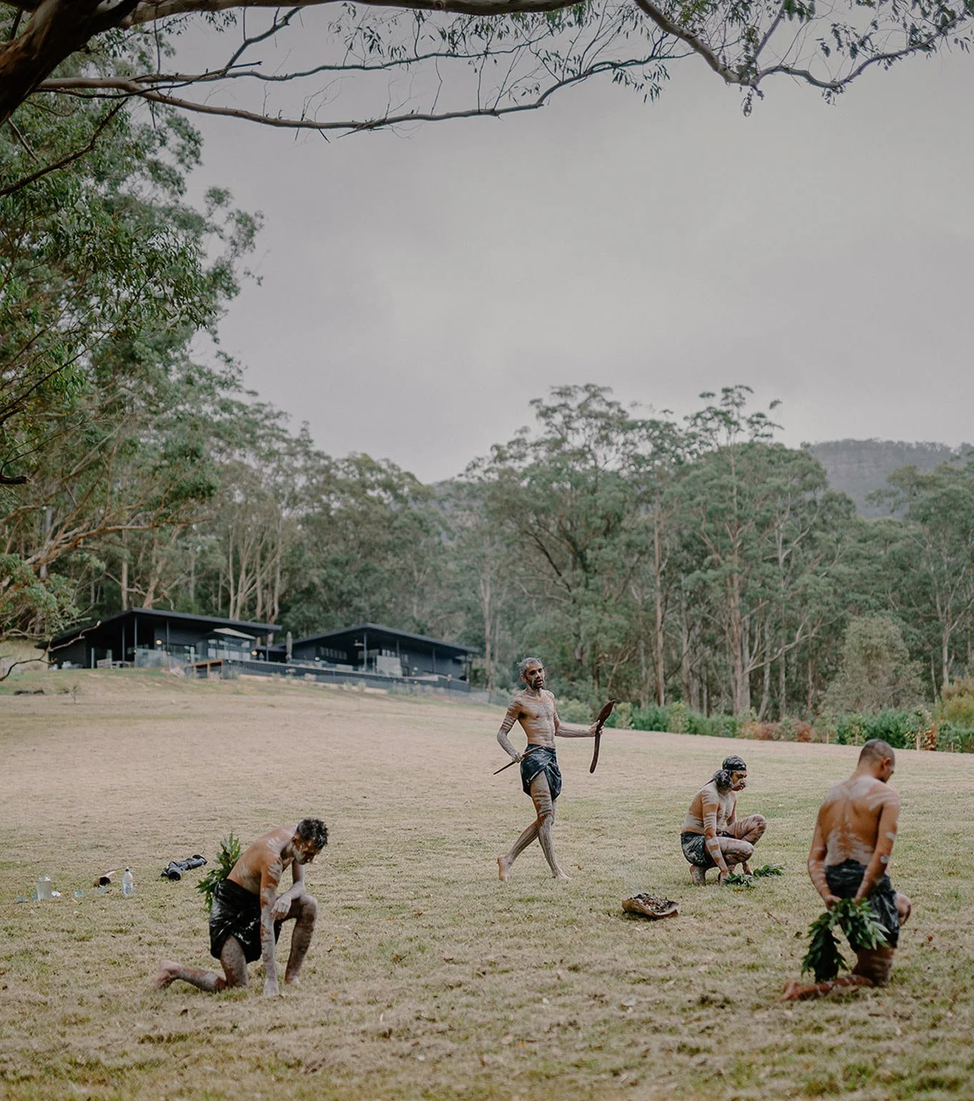 A group of five indigenous people dressed in traditional attire, engaged in a cultural activity outdoors on a grassy field surrounded by trees, with modern houses in the background.