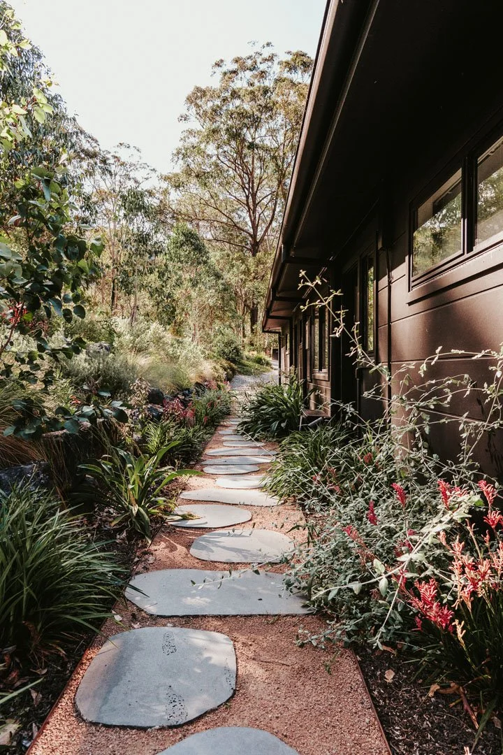A narrow garden pathway with large flat stones, surrounded by lush green plants and shrubs, running alongside a dark-colored house with windows, and tall trees in the background.