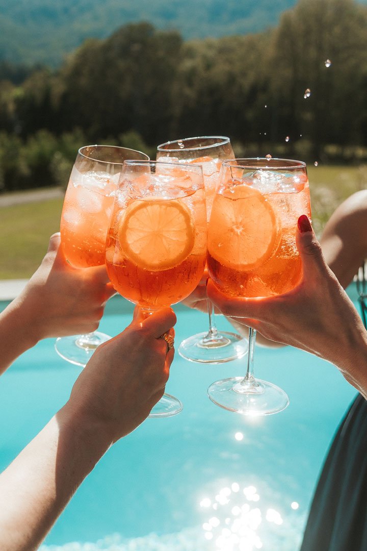 Four people are holding glasses of pink drinks with lemon slices, toasting against a backdrop of a swimming pool and scenic mountains.