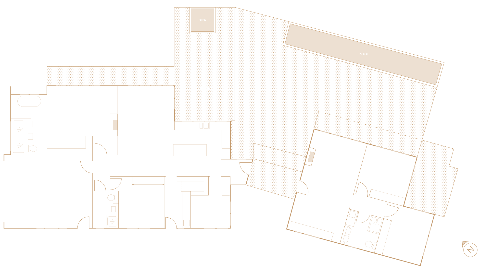 Floor plans of two houses with rooms labeled, including bedrooms, bathrooms, kitchen, living areas, garage, laundry, and outdoor pool and spa areas.