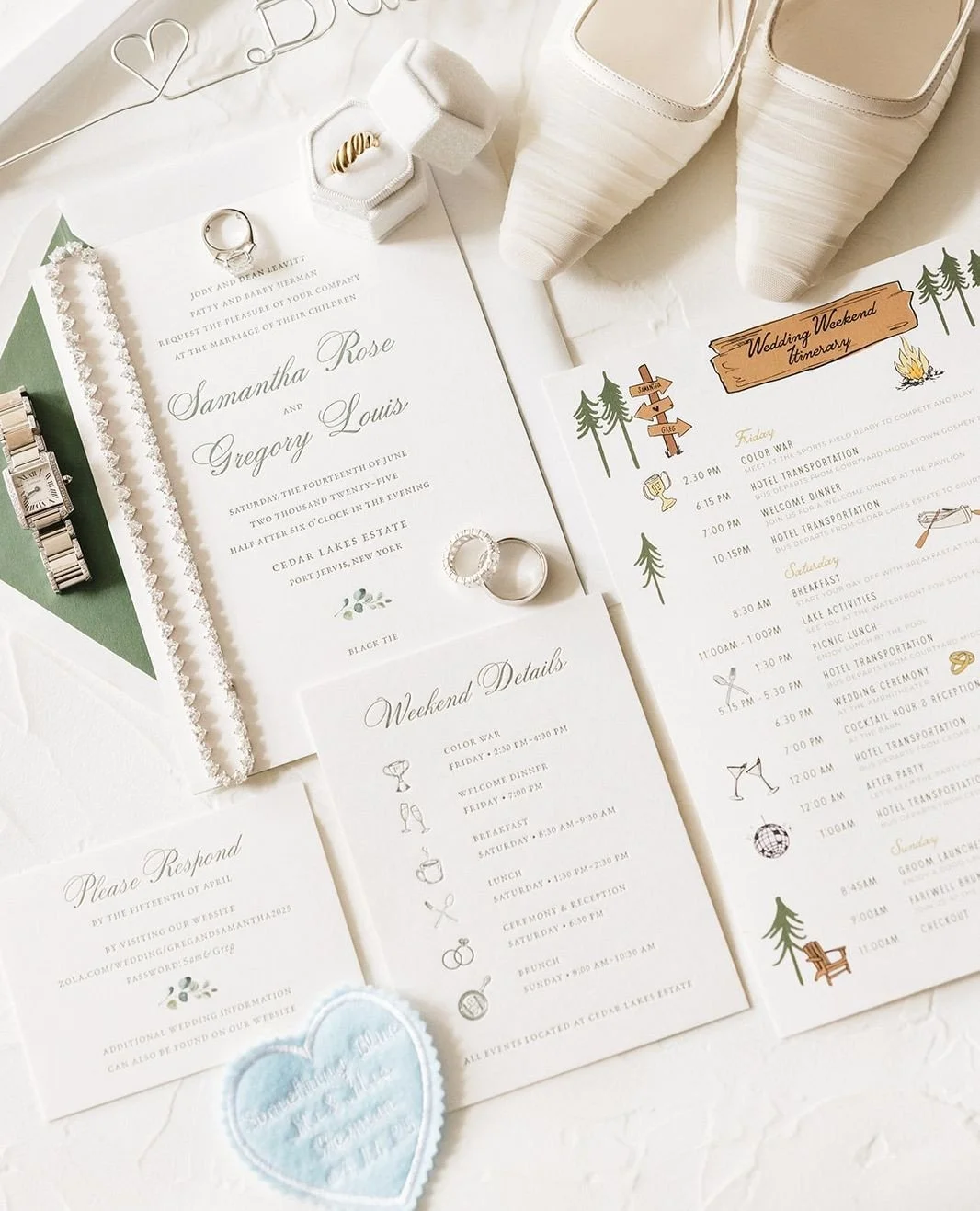 The definition of sophisticated fun! This invitation blends classic letterpress printing with charming illustrations to capture the excitement the weekend has in store.⁠
⁠
Bride: @samantharoseherman⁠
Groom: gregherm⁠
Venue: @thesistersofcedarlakes⁠
W