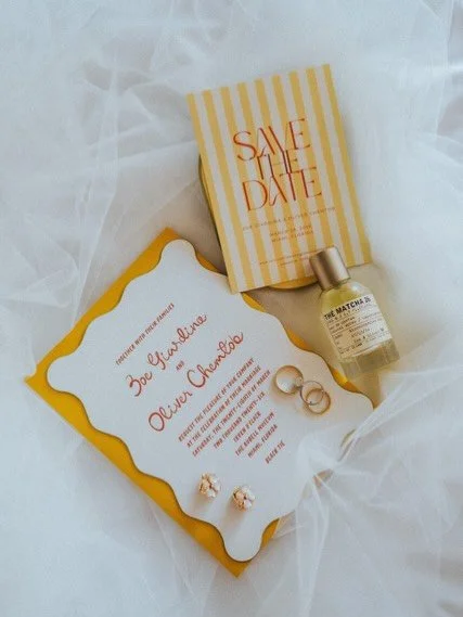 For @zoechemtob &amp; Oliver&rsquo;s wedding @rubellmuseum, we introduced the design story early on with a striped save the date followed by a custom scalloped invitation. 
Those details and bold colors didn&rsquo;t stop at the mailbox!  The scallope