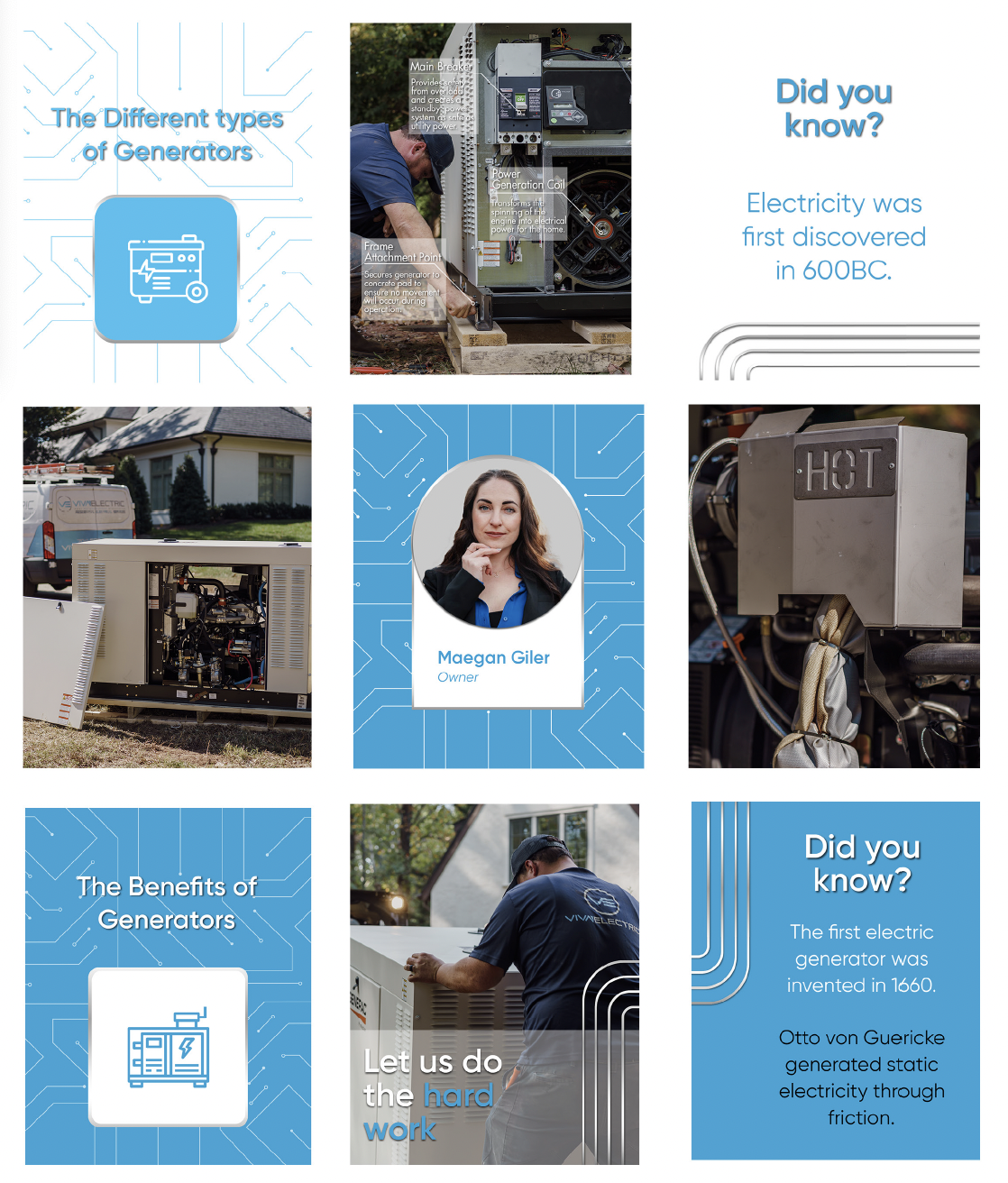 A collage of images and informational text about electric generators, featuring a technician working on equipment, a woman named Maegan Giler, and a technician installing a generator, with facts about the history of electricity and generators.