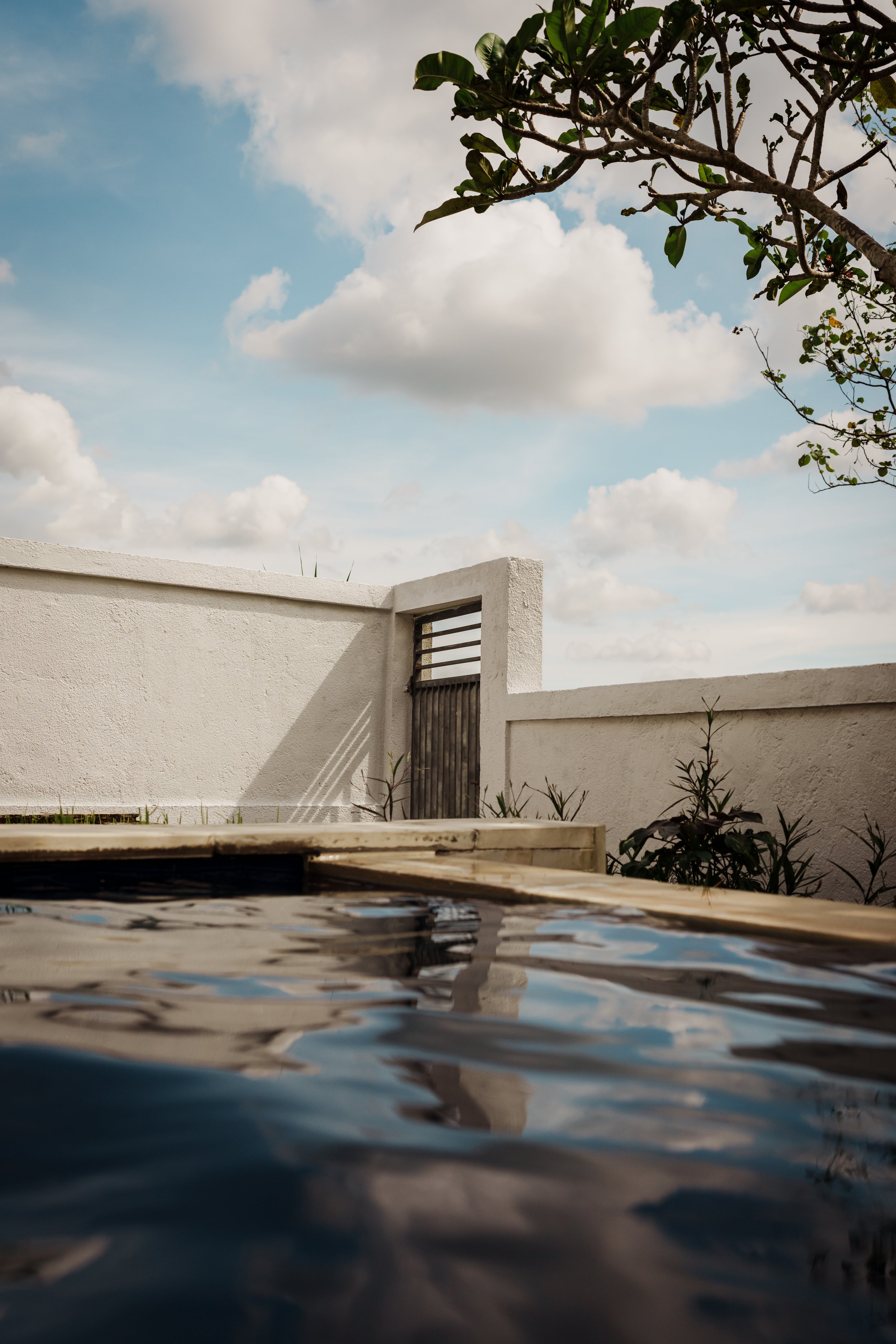 A rooftop pool with a white concrete wall, wooden gate, and cloudy sky overhead.