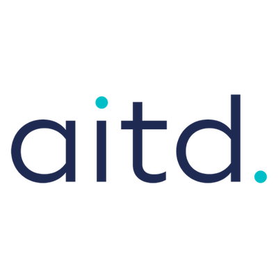 Logo with lowercase letters 'aitd' in dark blue with teal dots over the 'i' and after the 'd'.