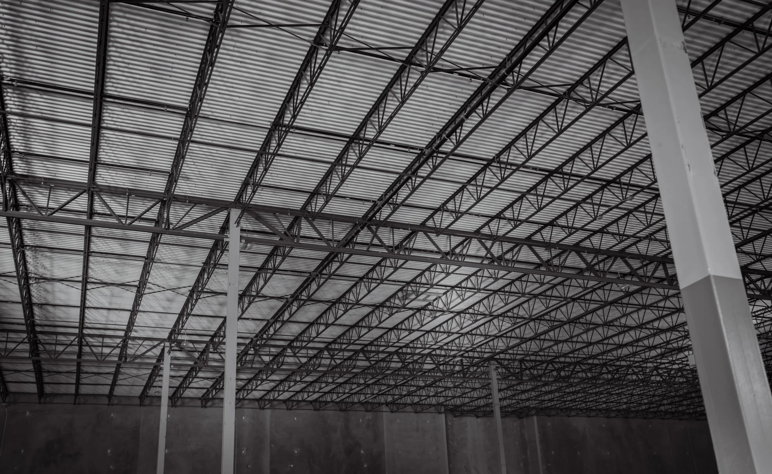 Interior of an unfinished industrial or warehouse building showing a metal roof structure with beams and supports.
